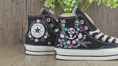 Custom Black Converse Chuck Taylor Embroidered, Panda And Flowers Hand Embroidered Converse