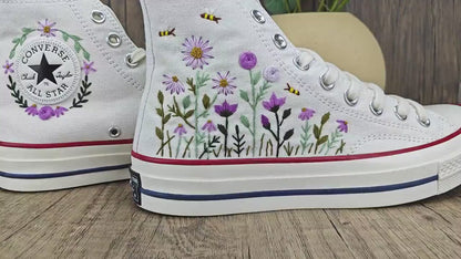 Purple Floral And Bee Converse Chuck Taylor Embroidered, Hand Embroidered Converse Custom Wedding Flowers