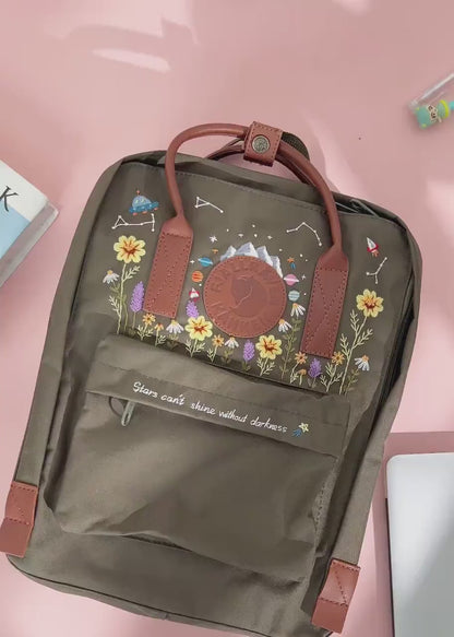 Custom Embroidered Fjallraven Kanken Backpack, Mushrooms, Lavender Embroidered Backpack, Garden Flowers Embroidery Kanken