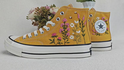 Custom Converse Chuck Taylor Embroidered, Small Flower Garden And Bee Hand Embroidered Converse, Wedding Flowers Shoes