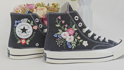 Custom Converse Chuck Taylor Embroidered, Colorful Roses Hand Embroidered Converse, Wedding Flowers Shoes