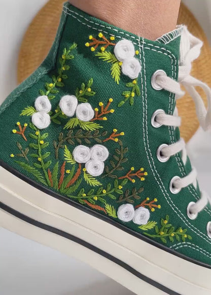 Custom Converse Chuck Taylor Flowers Embroidered Converse, Flowers Embroidered Sneakers Wedding, Floral Embroidered Shoes, Gifts for Couple