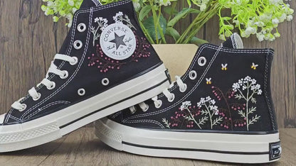 Custom Black Converse Chuck Taylor Embroidered, Baby's Breath Flowers Hand Embroidered Converse