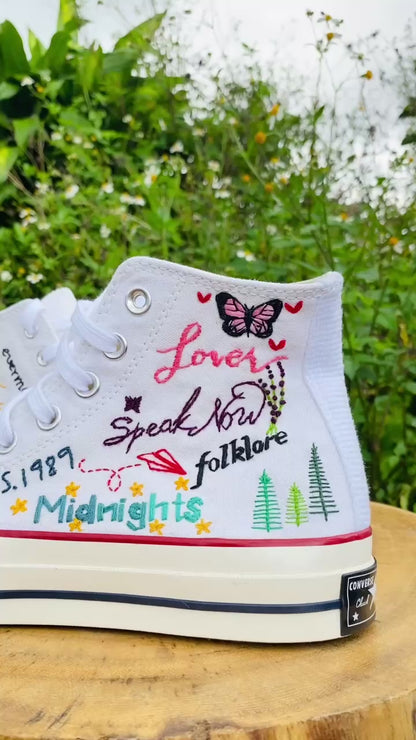 Platform Wedding Converse for Bride, Taylor Swift Album Names Hand-Embroidered Shoes High Top