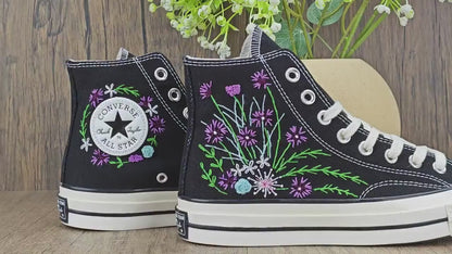 Custom Black Converse Chuck Taylor Embroidered, Purple Wildflower Hand Embroidered Converse