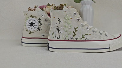 Custom Converse Chuck Taylor Embroidered, Small Floral And Bee Hand Embroidered Converse, Wedding Flowers Shoes