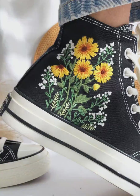 Embroidered Converse Sunflower and Queen Anne's lace, Converse High Tops Chuck Taylor Embroidered Sunflower, Sunflower Embroidered Converse