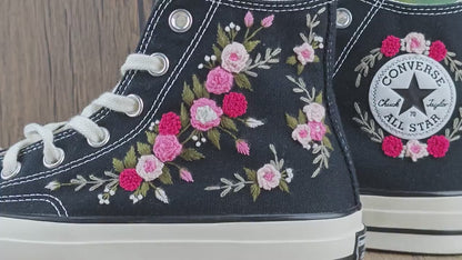 Pink Rose Floral Garden Hand Embroidery Converse, Custimizable Converse Chuck Taylor 1970s