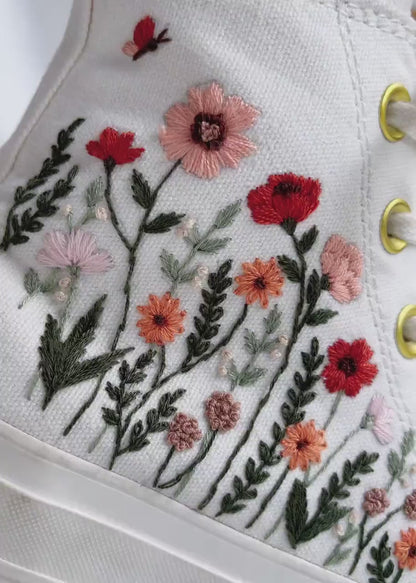 Platform Converse, Flowers Embroidered Wedding Converse Platform Shoes, Wedding Sneakers for Bride, Floral Embroidered Converse Platform