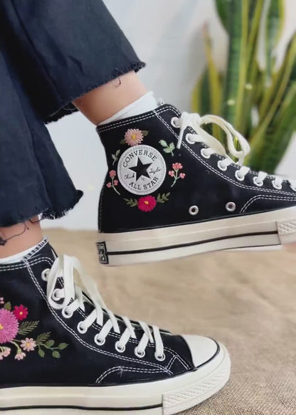 Custom Wedding Sneakers Platform, Pink Flower Embroidered Converse, Daisy Embroidery Bridal Sneakers, Personalized Bride Shoes Wedding