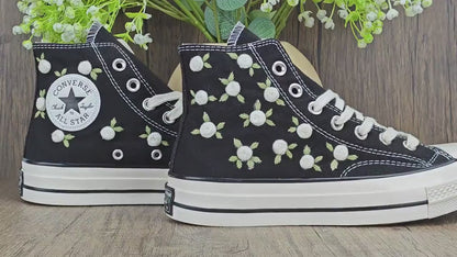 Custom Embroidered Converse Chuck Taylor, White Roses Hand Embroidered Converse, Wedding Flowers Shoes