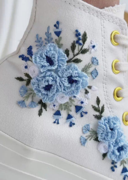 Embroidered Converse Platform, Wedding Converse Embroidery Dusty Blue Floral, Wedding Flowers Embroidered Sneakers, Wedding Shoes for Bridal