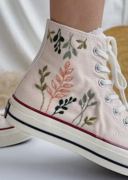 Embroidered Converse High Tops Chuck Taylor 1970s, Custom Converse Embroidered Simple, Tree Leaves Embroidered Sneakers, Valentine Gifts