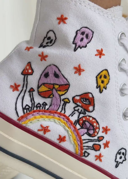 Custom Converse Embroidered, Mushrooms and Ghost Embroidered Shoes, Sugar Skull Embroidered Sneaker, Embroidered Wedding Reception Shoes