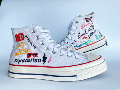 Platform Wedding Converse for Bride, Taylor Swift Album Names Hand-Embroidered Shoes High Top