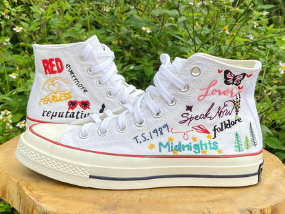 Platform Wedding Converse for Bride, Taylor Swift Album Names Hand-Embroidered Shoes High Top