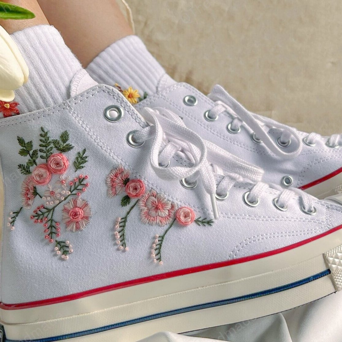 Bridal Converse/Embroidered Converse/ Wedding Converse/Custom Logo Converse 1970s/Colorful Embroidered Flower Strips