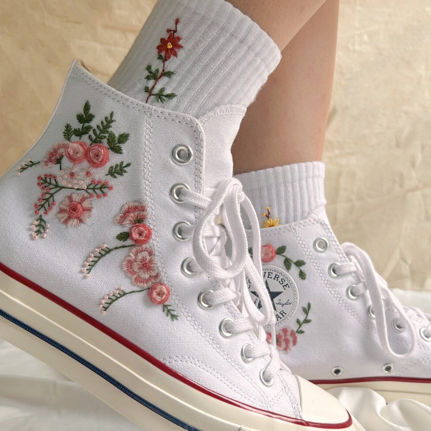 Bridal Converse/Embroidered Converse/ Wedding Converse/Custom Logo Converse 1970s/Colorful Embroidered Flower Strips