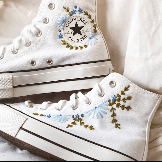 Blue Flowers Bridal Embroidered Platform Converse | Wedding Shoes | Shoes for A Bride | Embroidered Bride Shoes