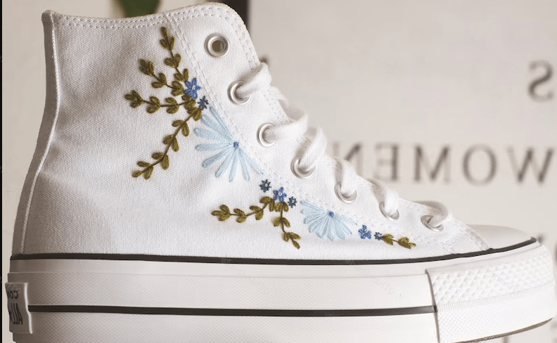 Blue Flowers Bridal Embroidered Platform Converse | Wedding Shoes | Shoes for A Bride | Embroidered Bride Shoes