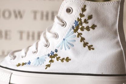 Blue Flowers Bridal Embroidered Platform Converse | Wedding Shoes | Shoes for A Bride | Embroidered Bride Shoes