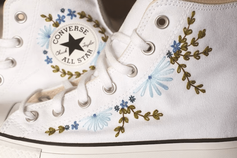 Blue Flowers Bridal Embroidered Platform Converse | Wedding Shoes | Shoes for A Bride | Embroidered Bride Shoes