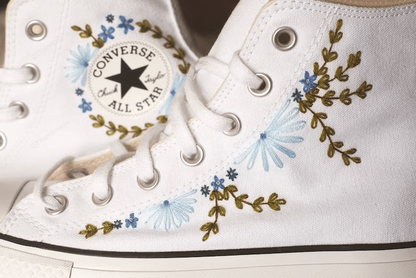 Blue Flowers Bridal Embroidered Platform Converse | Wedding Shoes | Shoes for A Bride | Embroidered Bride Shoes