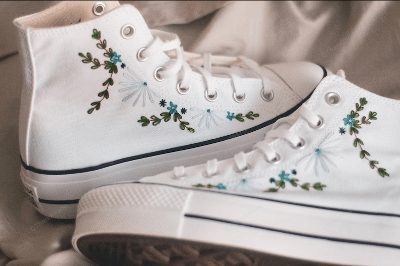 Blue Flowers Bridal Embroidered Platform Converse | Wedding Shoes | Shoes for A Bride | Embroidered Bride Shoes